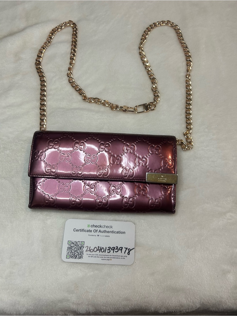 Gucci Metallic Plum Patent Crossbody with Gold Chain Strap with COA